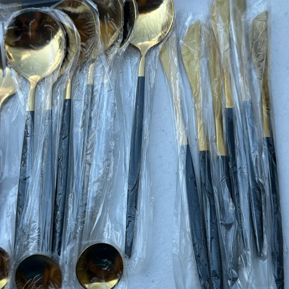 12 place setting Elegant Gold and Black Cutlery Set
